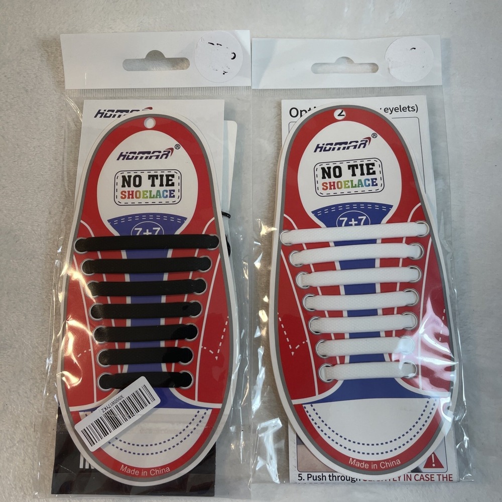 HOMAR No Tie Shoelaces Kids 7+ Elastic Lock Laces Black White Set of 2 Packs